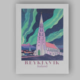 Reykjavik Hallgrimskirkja Northern Lights Night Travel Poster Canvas Wall Art Print Decor Picture Ready to Hang