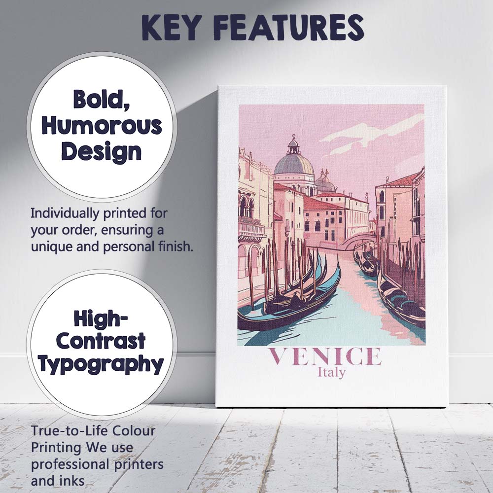 Pastel Venice Italy Gondola Canal Cityscape Travel Poster Canvas Wall Art Print Decor Picture Ready to Hang