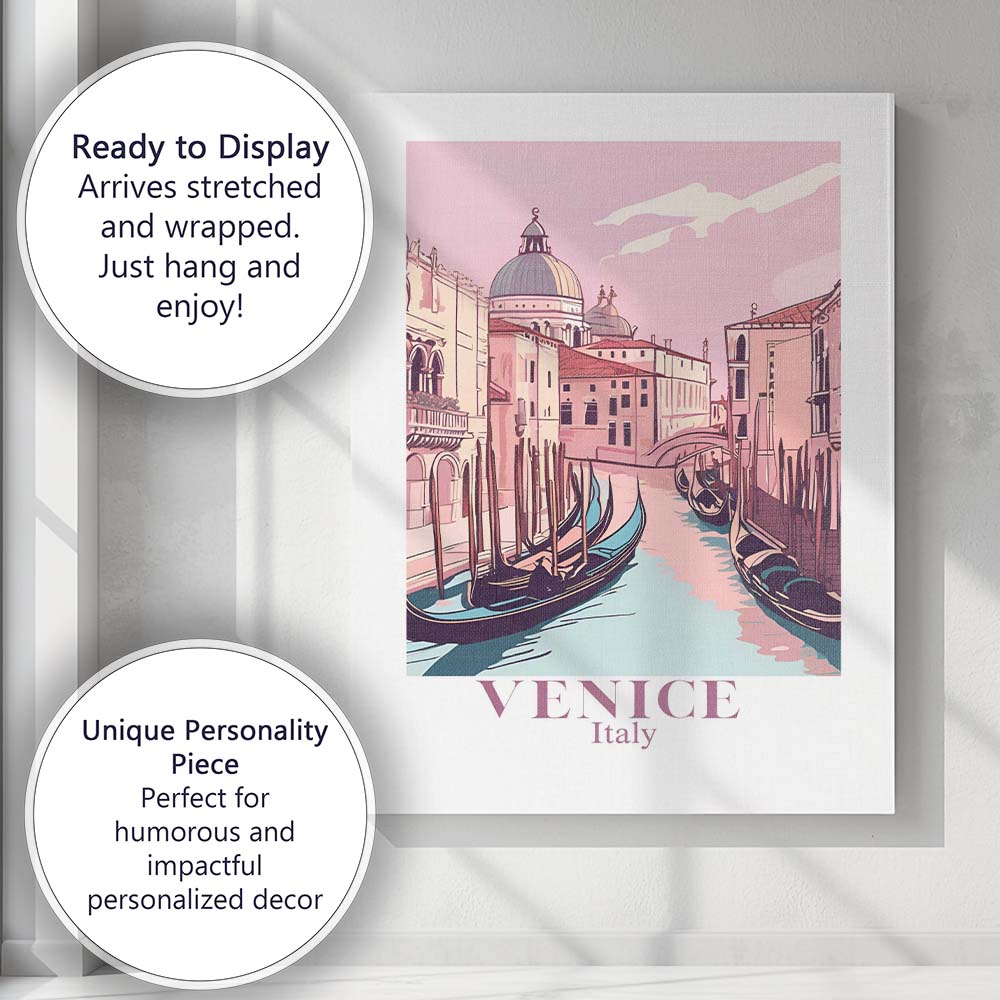 Pastel Venice Italy Gondola Canal Cityscape Travel Poster Canvas Wall Art Print Decor Picture Ready to Hang