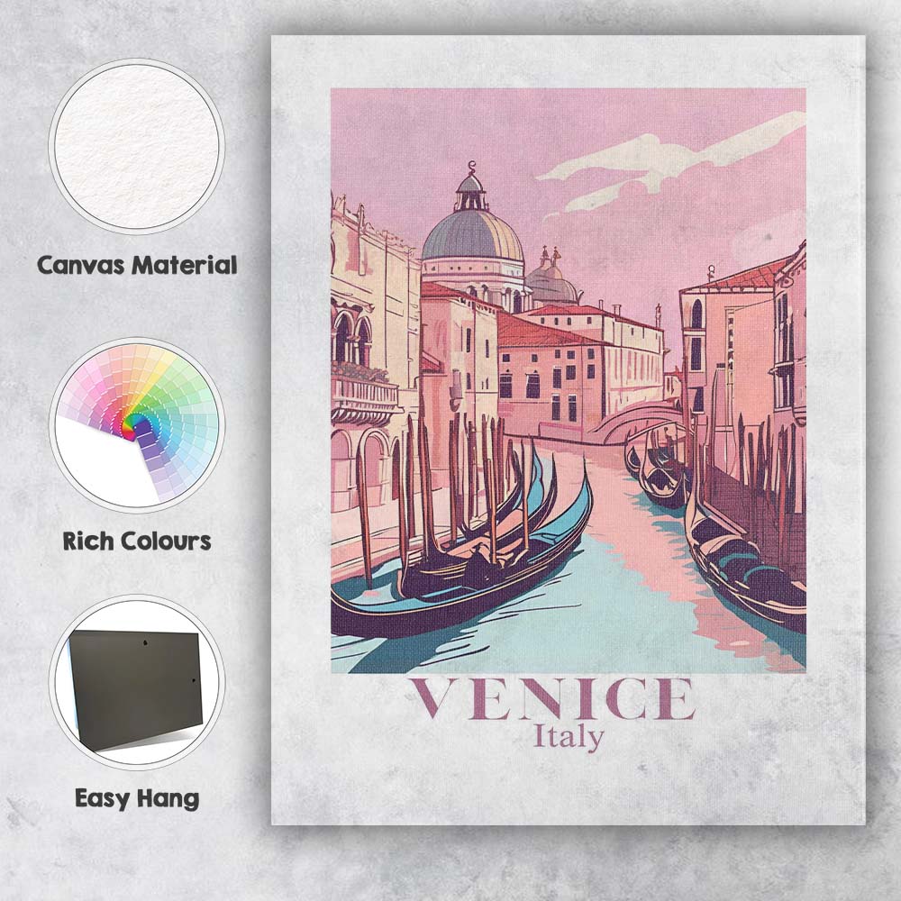 Pastel Venice Italy Gondola Canal Cityscape Travel Poster Canvas Wall Art Print Decor Picture Ready to Hang