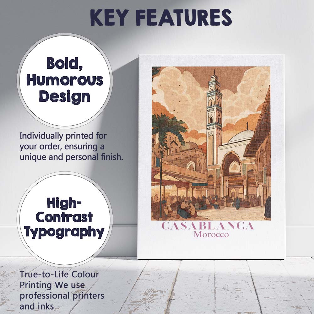 Warm Casablanca Morocco Historic Mosque Market Square Travel Poster Canvas Wall Art Print Decor Picture Ready to Hang