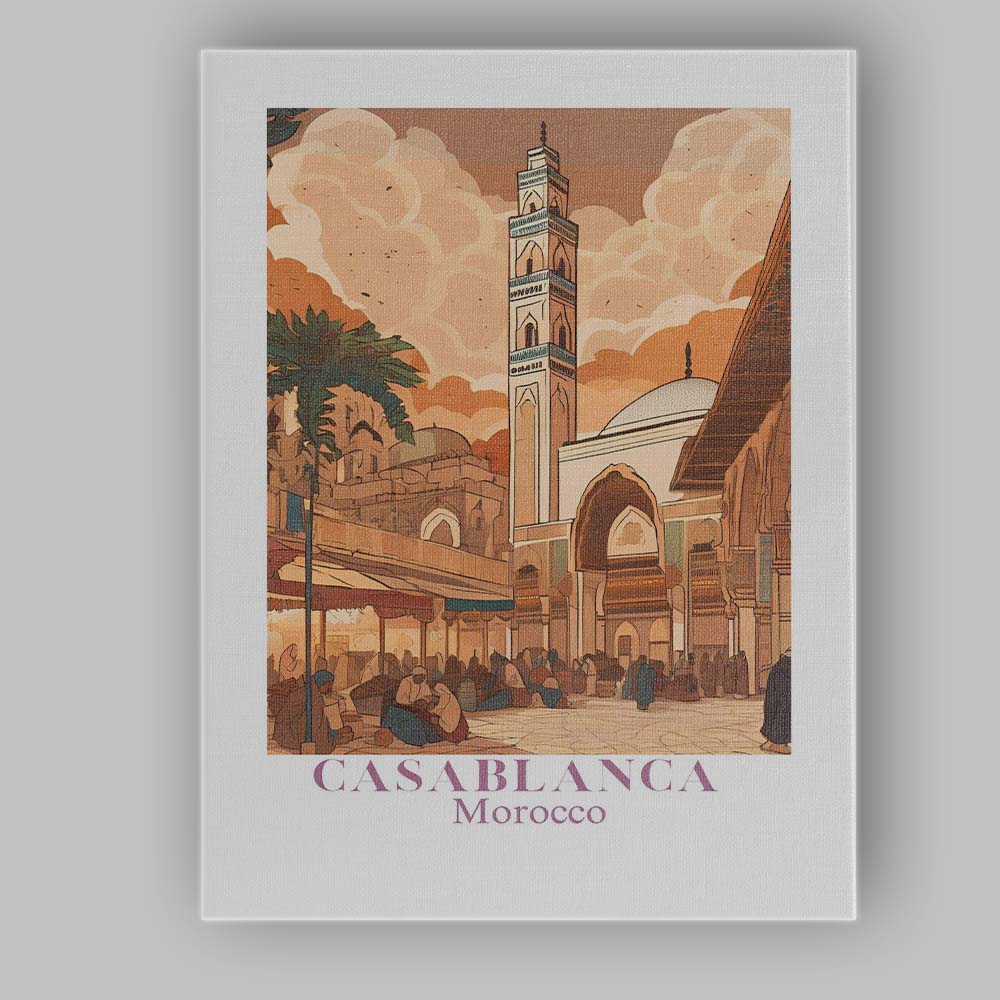 Warm Casablanca Morocco Historic Mosque Market Square Travel Poster Canvas Wall Art Print Decor Picture Ready to Hang