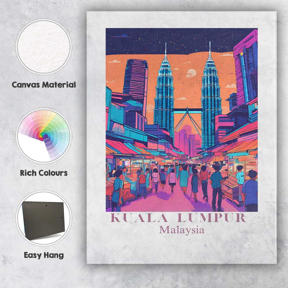 Neon Kuala Lumpur Malaysia Petronas Twin Towers Night Market Travel Poster Canvas Wall Art Print Decor Picture Ready to Hang