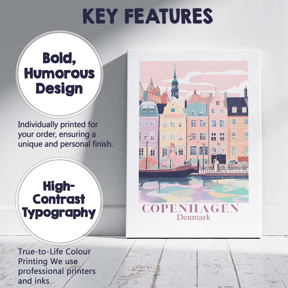 Pastel Copenhagen Denmark Nyhavn Waterfront Architecture Travel Poster Canvas Wall Art Print Decor Picture Ready to Hang