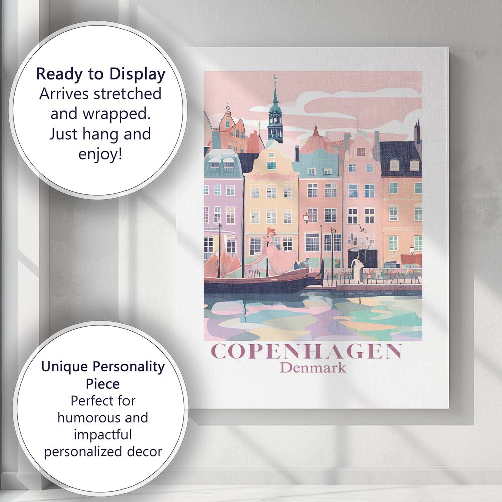 Pastel Copenhagen Denmark Nyhavn Waterfront Architecture Travel Poster Canvas Wall Art Print Decor Picture Ready to Hang