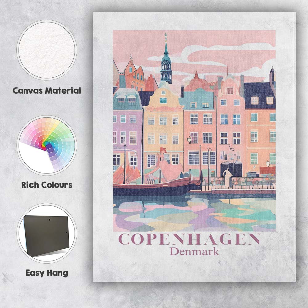 Pastel Copenhagen Denmark Nyhavn Waterfront Architecture Travel Poster Canvas Wall Art Print Decor Picture Ready to Hang