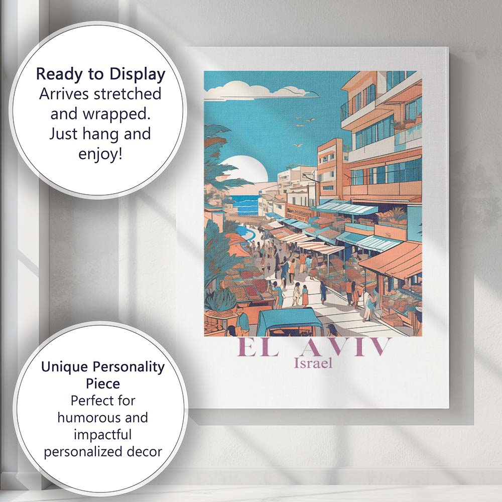 Sunny Tel Aviv Israel Coastal Market Street Travel Poster Canvas Wall Art Print Decor Picture Ready to Hang