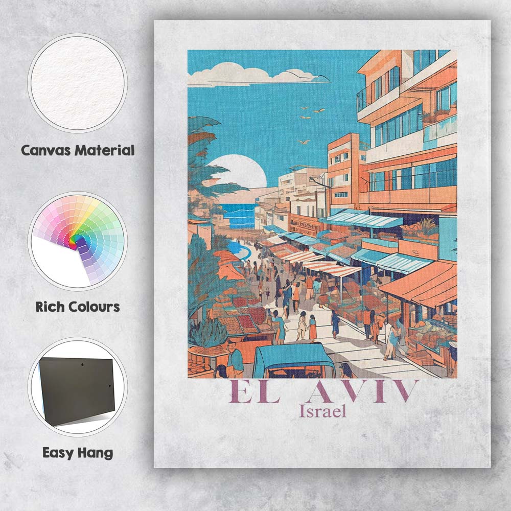 Sunny Tel Aviv Israel Coastal Market Street Travel Poster Canvas Wall Art Print Decor Picture Ready to Hang