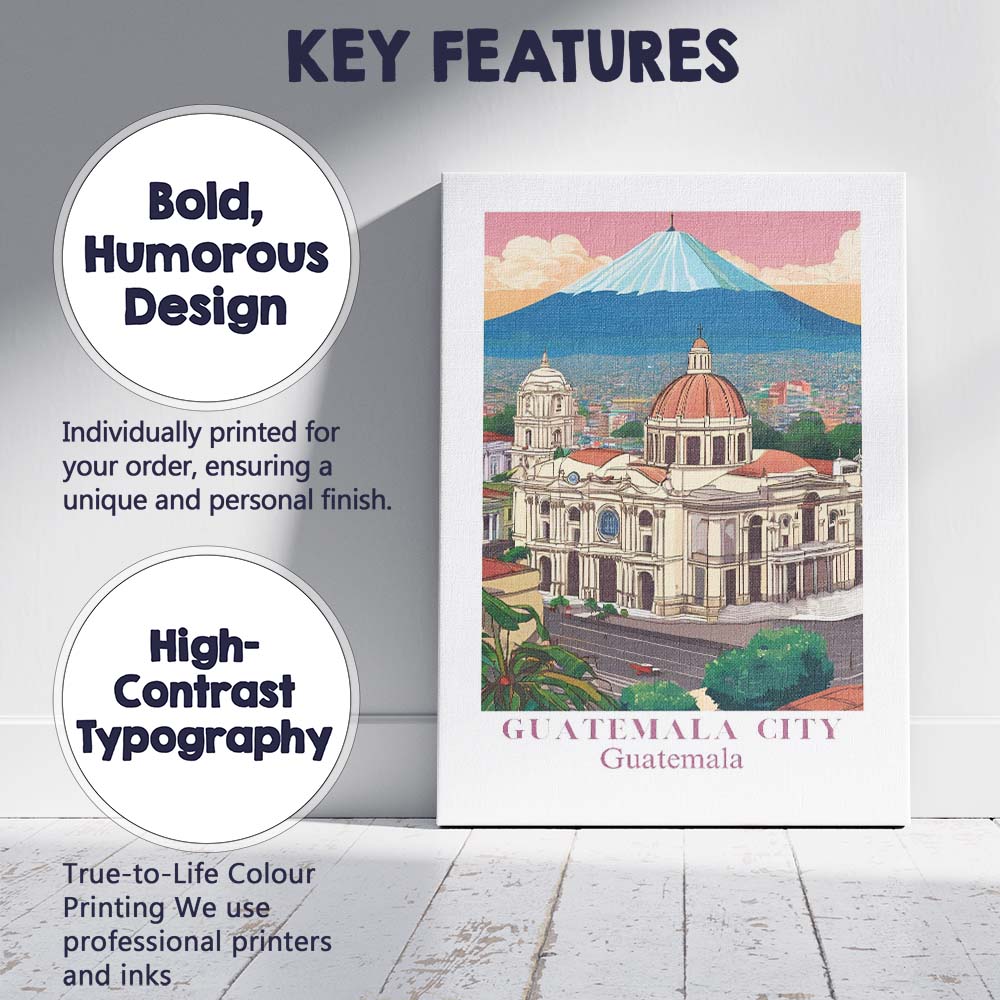 Scenic Guatemala City Guatemala Cathedral Volcano Skyline Travel Poster Canvas Wall Art Print Decor Picture Ready to Hang
