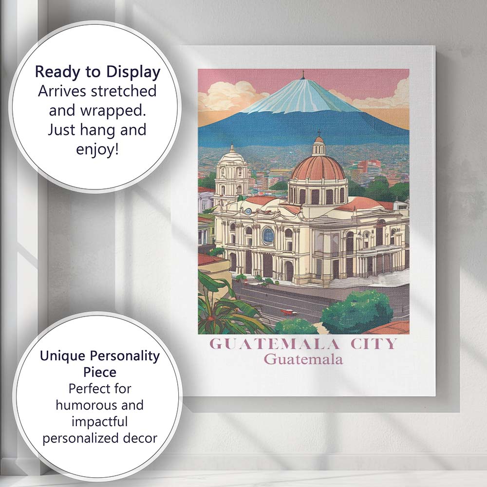 Scenic Guatemala City Guatemala Cathedral Volcano Skyline Travel Poster Canvas Wall Art Print Decor Picture Ready to Hang
