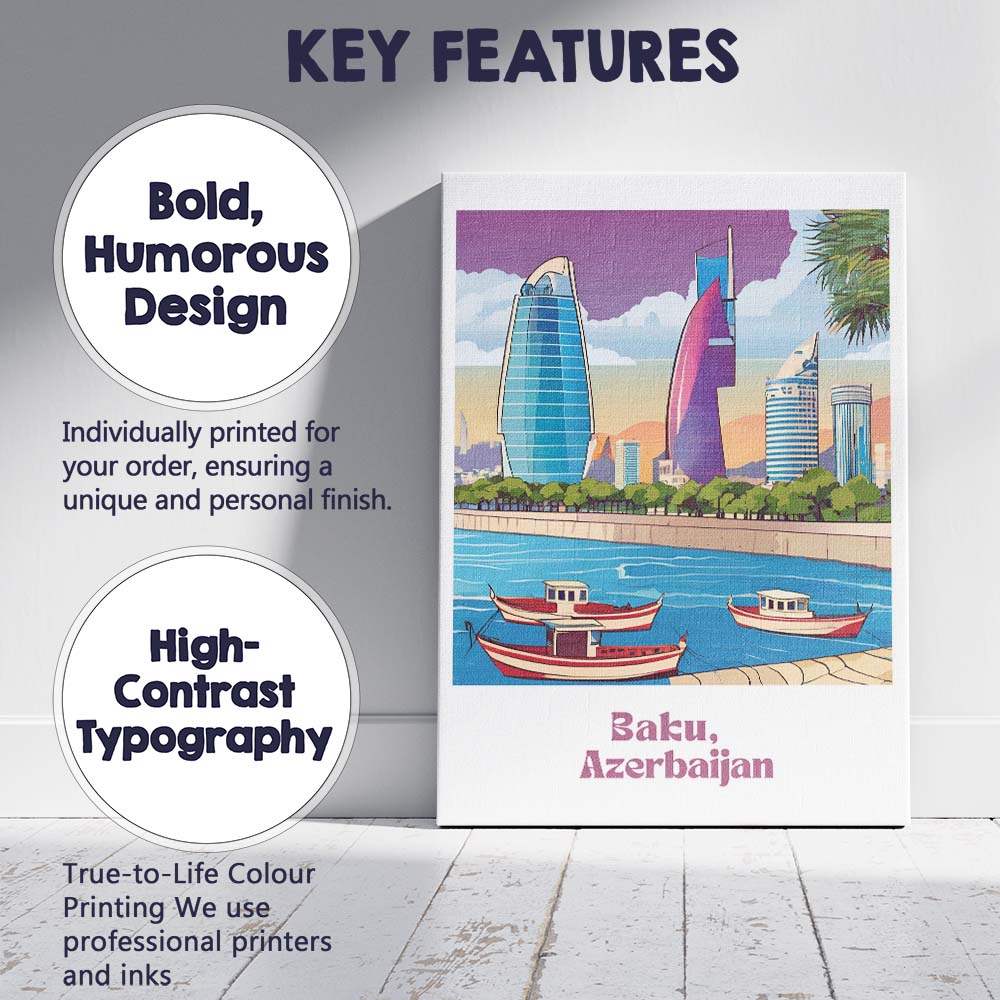 Modern Baku Azerbaijan Flame Towers Waterfront Skyline Travel Poster Canvas Wall Art Print Decor Picture Ready to Hang