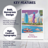 Modern Baku Azerbaijan Flame Towers Waterfront Skyline Travel Poster Canvas Wall Art Print Decor Picture Ready to Hang