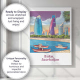 Modern Baku Azerbaijan Flame Towers Waterfront Skyline Travel Poster Canvas Wall Art Print Decor Picture Ready to Hang