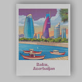 Modern Baku Azerbaijan Flame Towers Waterfront Skyline Travel Poster Canvas Wall Art Print Decor Picture Ready to Hang