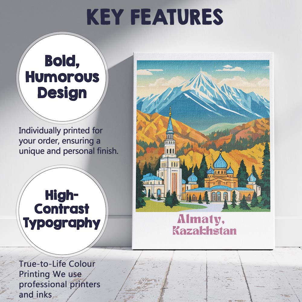 Scenic Almaty Kazakhstan Snow Capped Mountains Blue Mosque Travel Poster Canvas Wall Art Print Decor Picture Ready to Hang