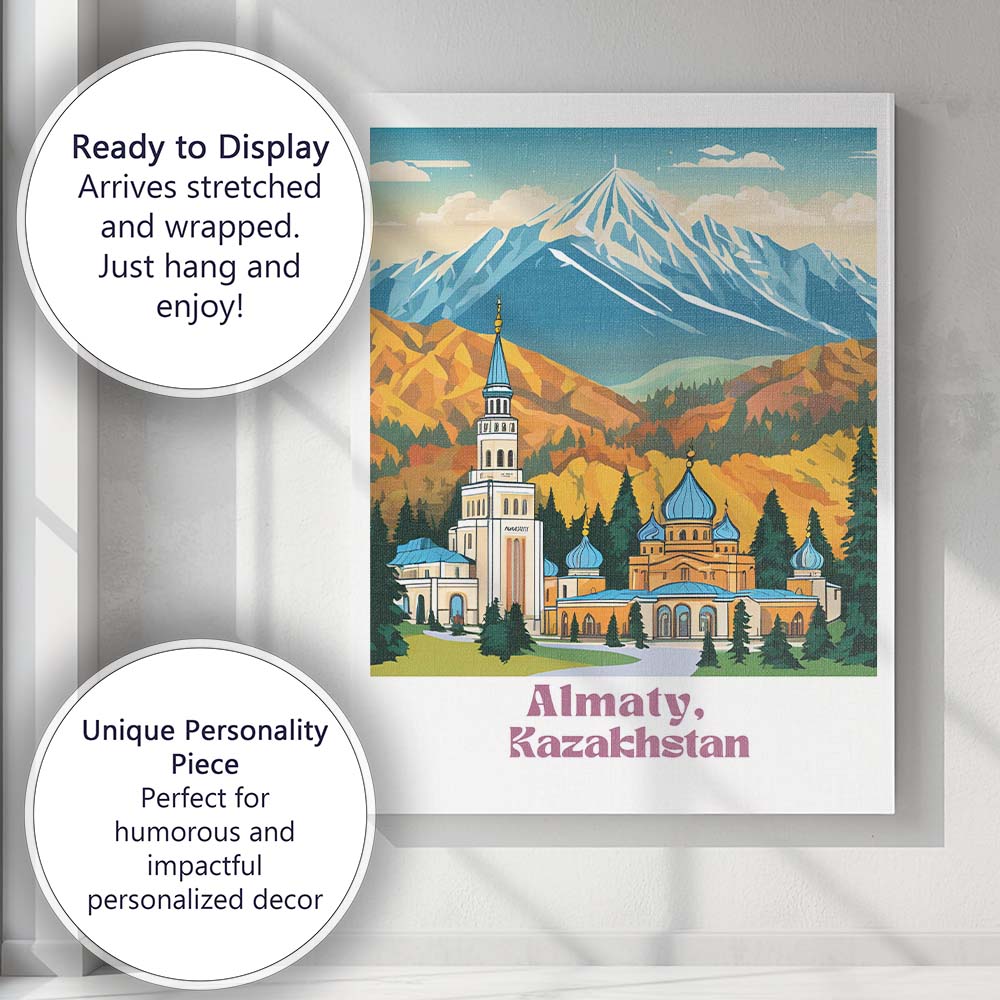 Scenic Almaty Kazakhstan Snow Capped Mountains Blue Mosque Travel Poster Canvas Wall Art Print Decor Picture Ready to Hang
