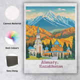 Scenic Almaty Kazakhstan Snow Capped Mountains Blue Mosque Travel Poster Canvas Wall Art Print Decor Picture Ready to Hang