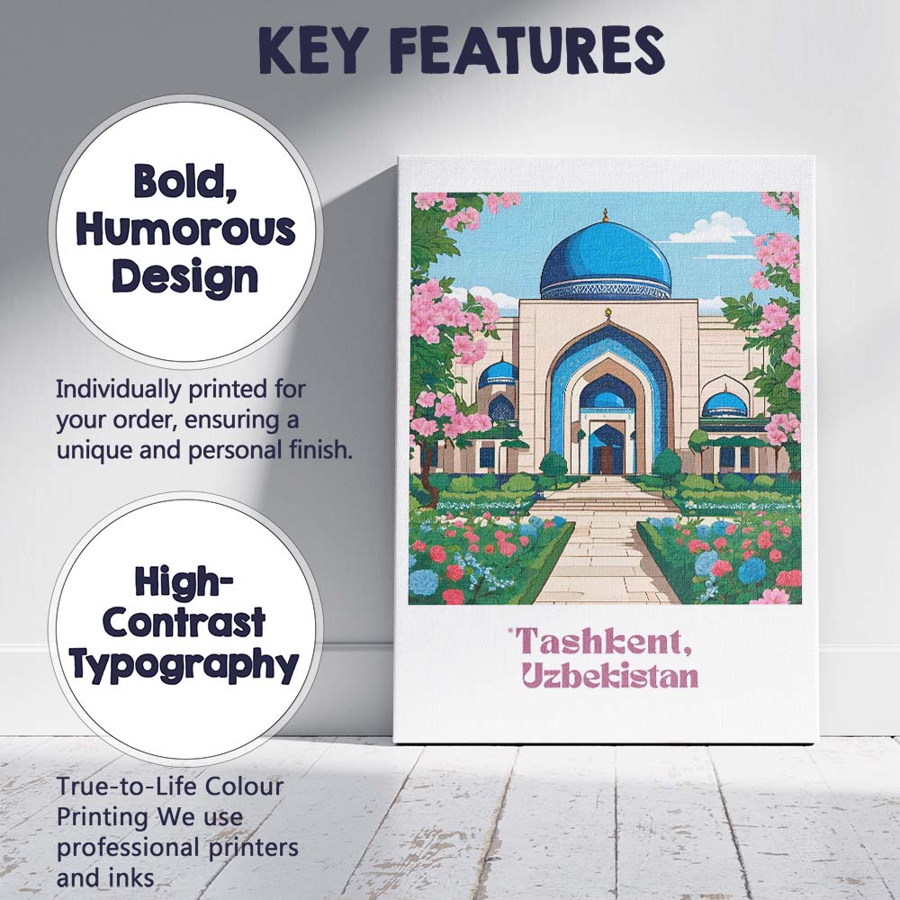 Elegant Tashkent Uzbekistan Blue Dome Mosque Floral Garden Travel Poster Canvas Wall Art Print Decor Picture Ready to Hang