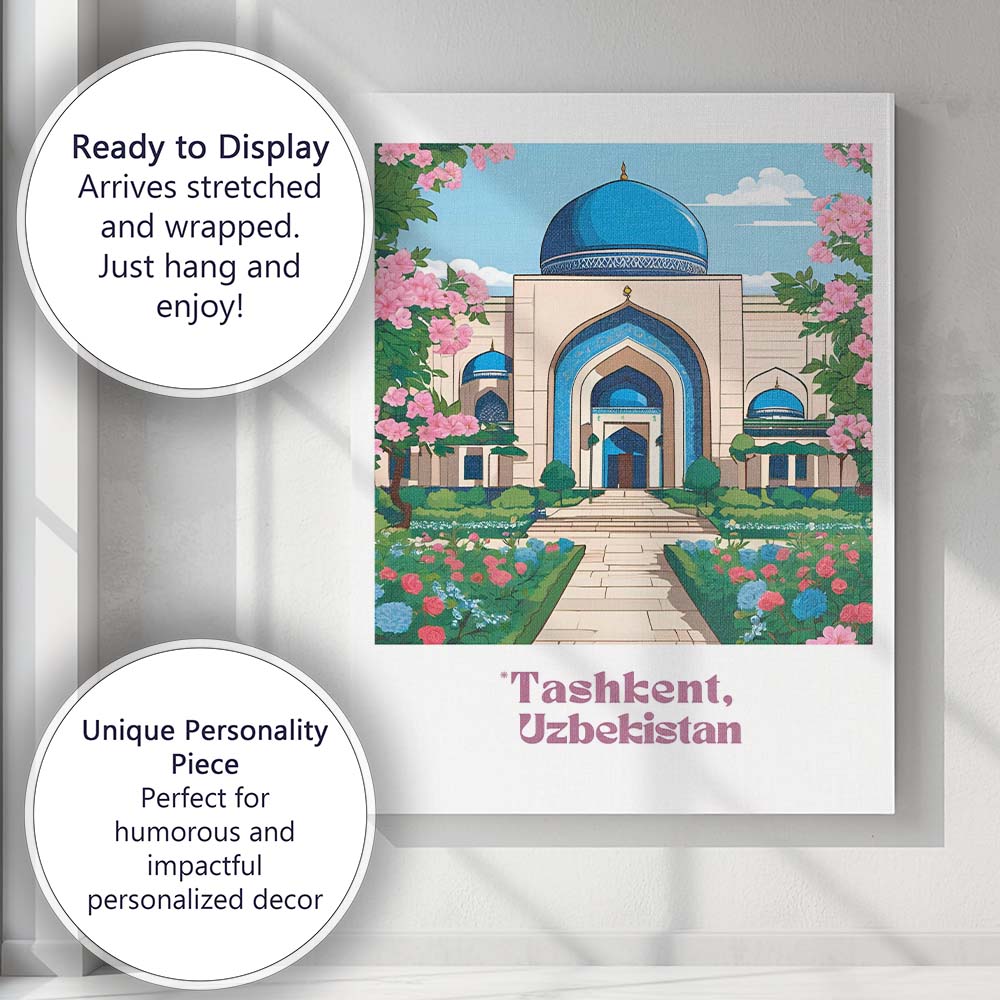 Elegant Tashkent Uzbekistan Blue Dome Mosque Floral Garden Travel Poster Canvas Wall Art Print Decor Picture Ready to Hang