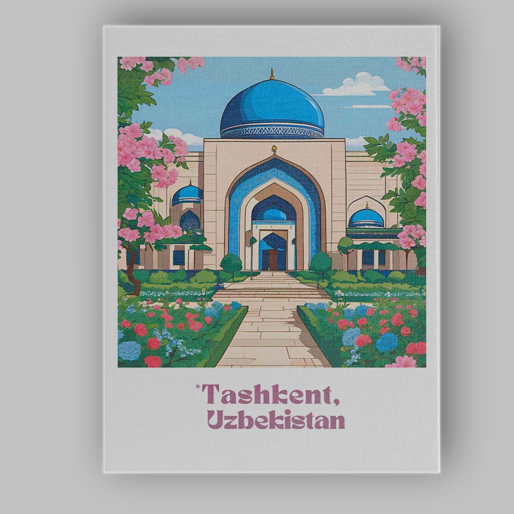 Elegant Tashkent Uzbekistan Blue Dome Mosque Floral Garden Travel Poster Canvas Wall Art Print Decor Picture Ready to Hang