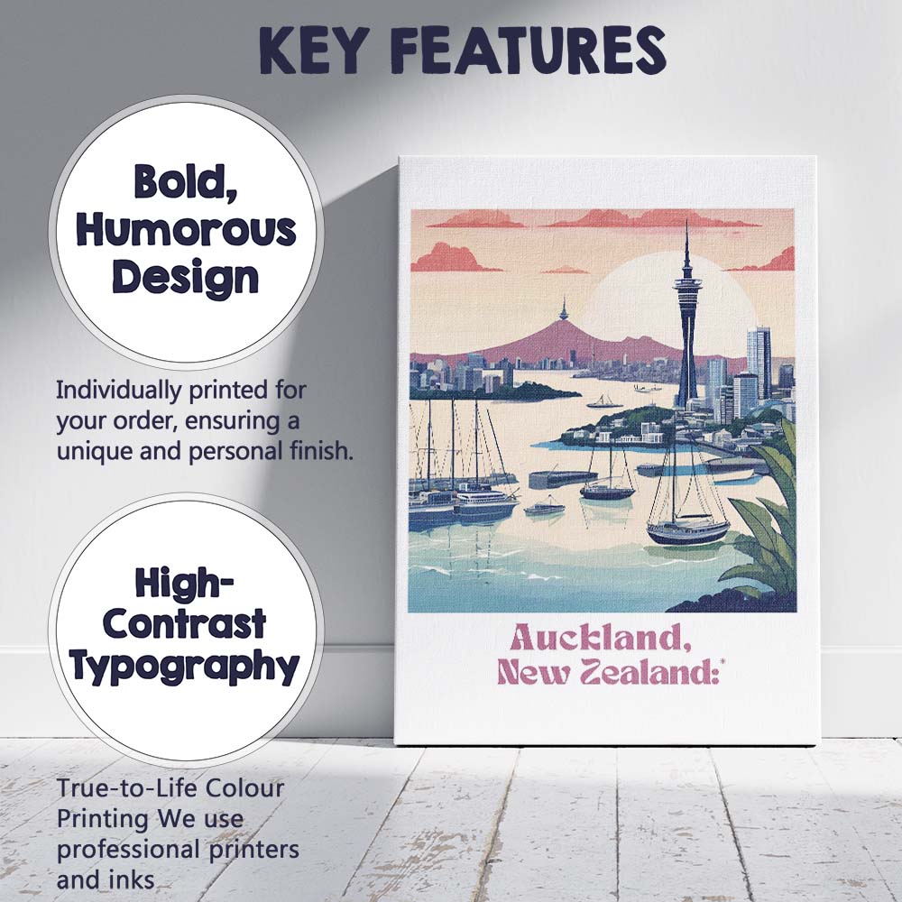 Auckland Harbour Sky Tower Sunset Coastal Skyline Travel Poster Canvas Wall Art Print Decor Picture Ready to Hang