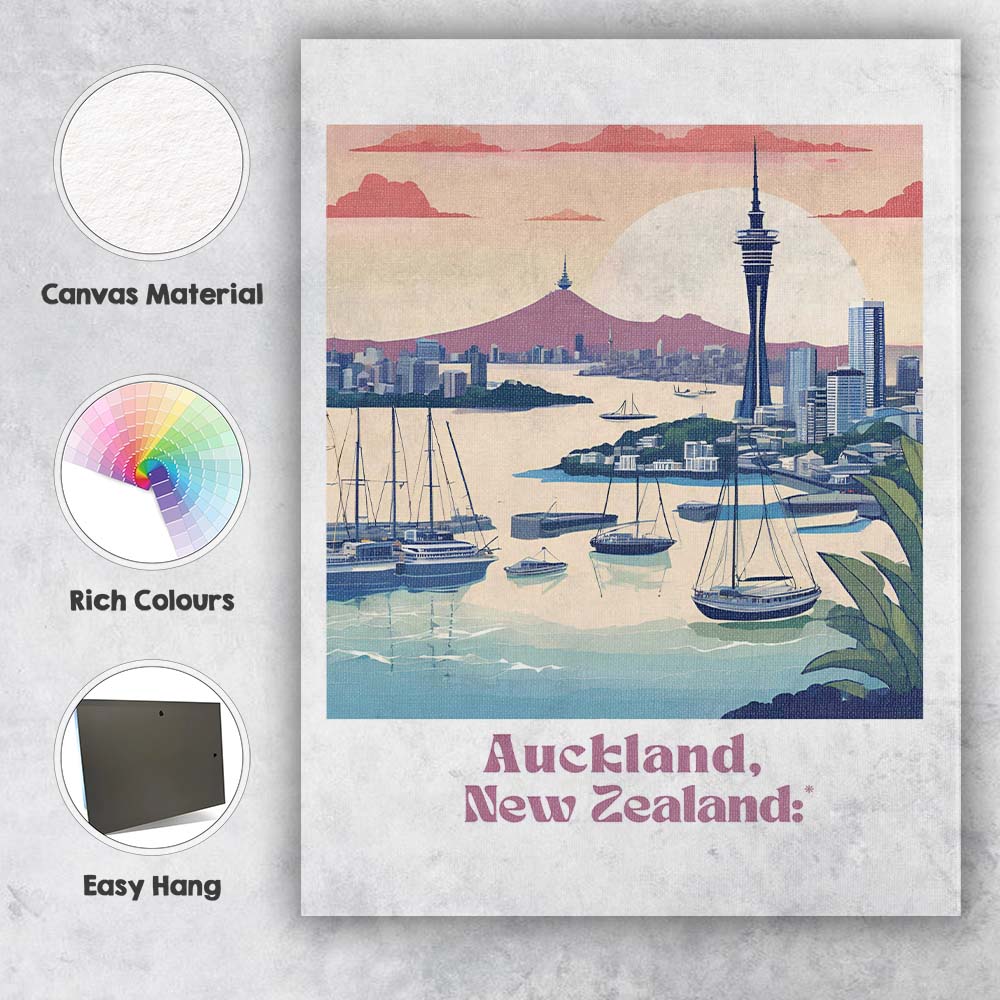Auckland Harbour Sky Tower Sunset Coastal Skyline Travel Poster Canvas Wall Art Print Decor Picture Ready to Hang