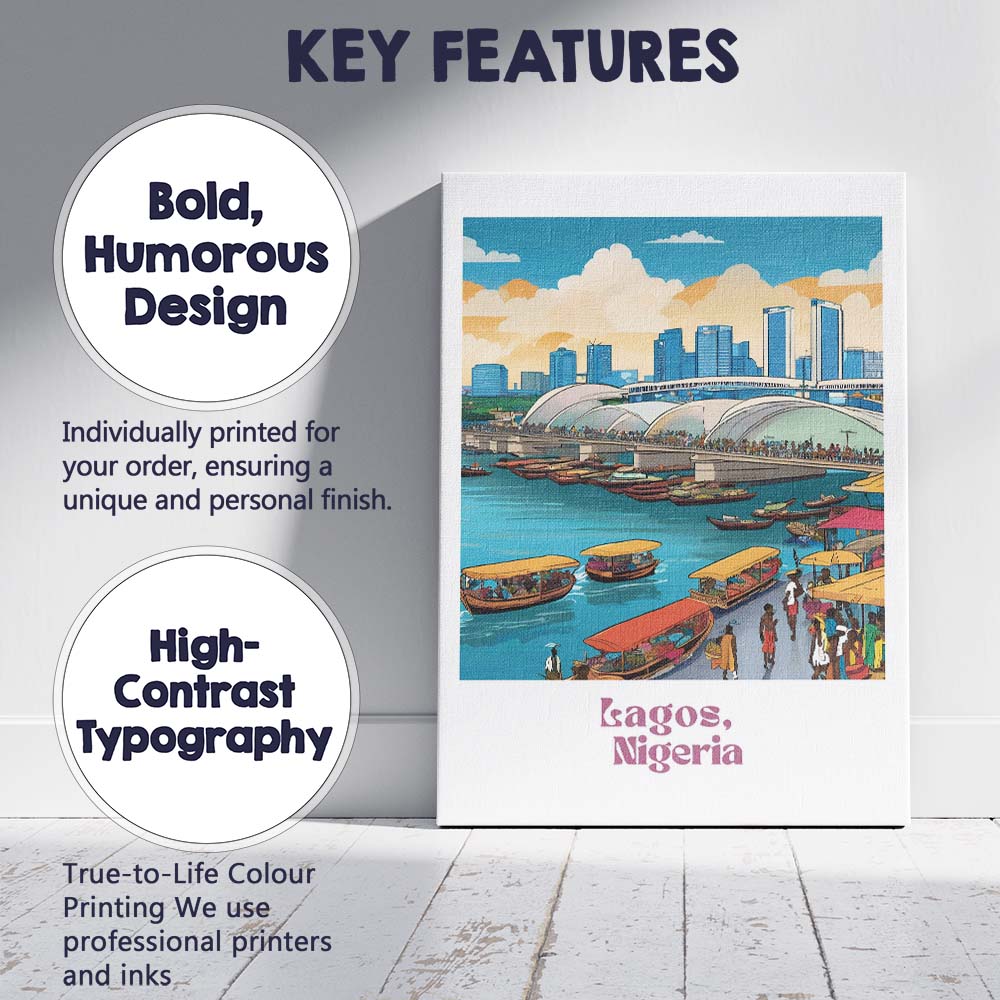 Lagos Waterfront City Skyline Market Boats Travel Poster Canvas Wall Art Print Decor Picture Ready to Hang