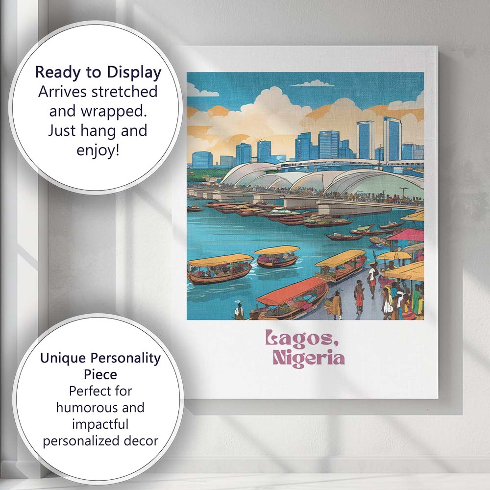 Lagos Waterfront City Skyline Market Boats Travel Poster Canvas Wall Art Print Decor Picture Ready to Hang