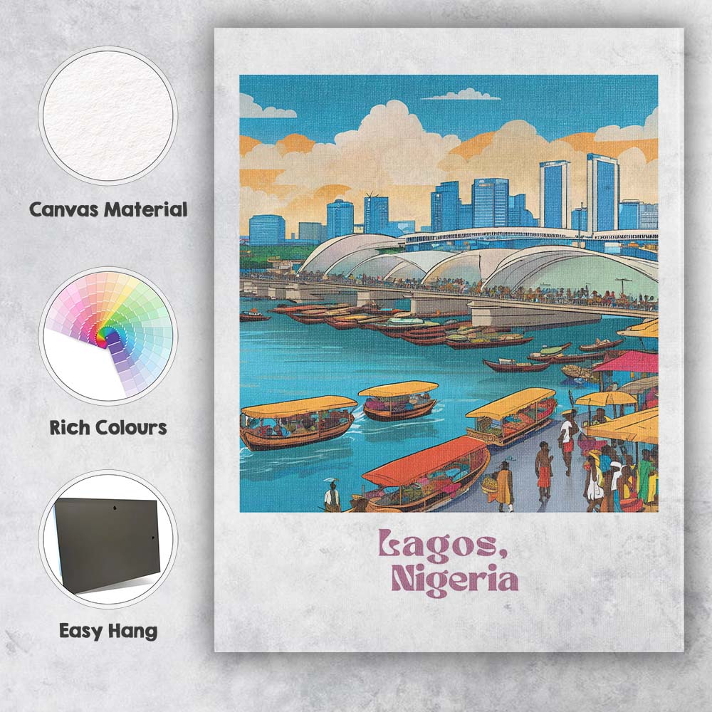 Lagos Waterfront City Skyline Market Boats Travel Poster Canvas Wall Art Print Decor Picture Ready to Hang