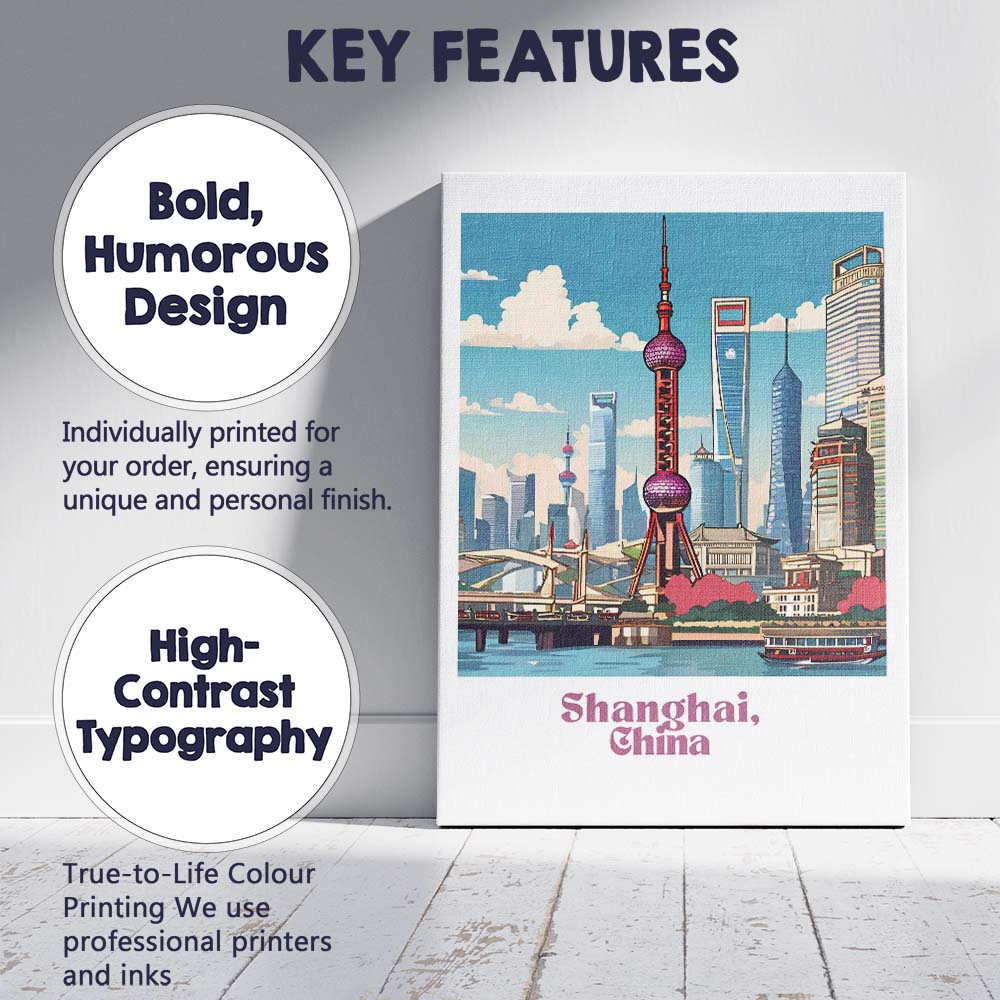 Modern Shanghai China Oriental Pearl Skyline Waterfront Travel Poster Canvas Wall Art Print Decor Picture Ready to Hang