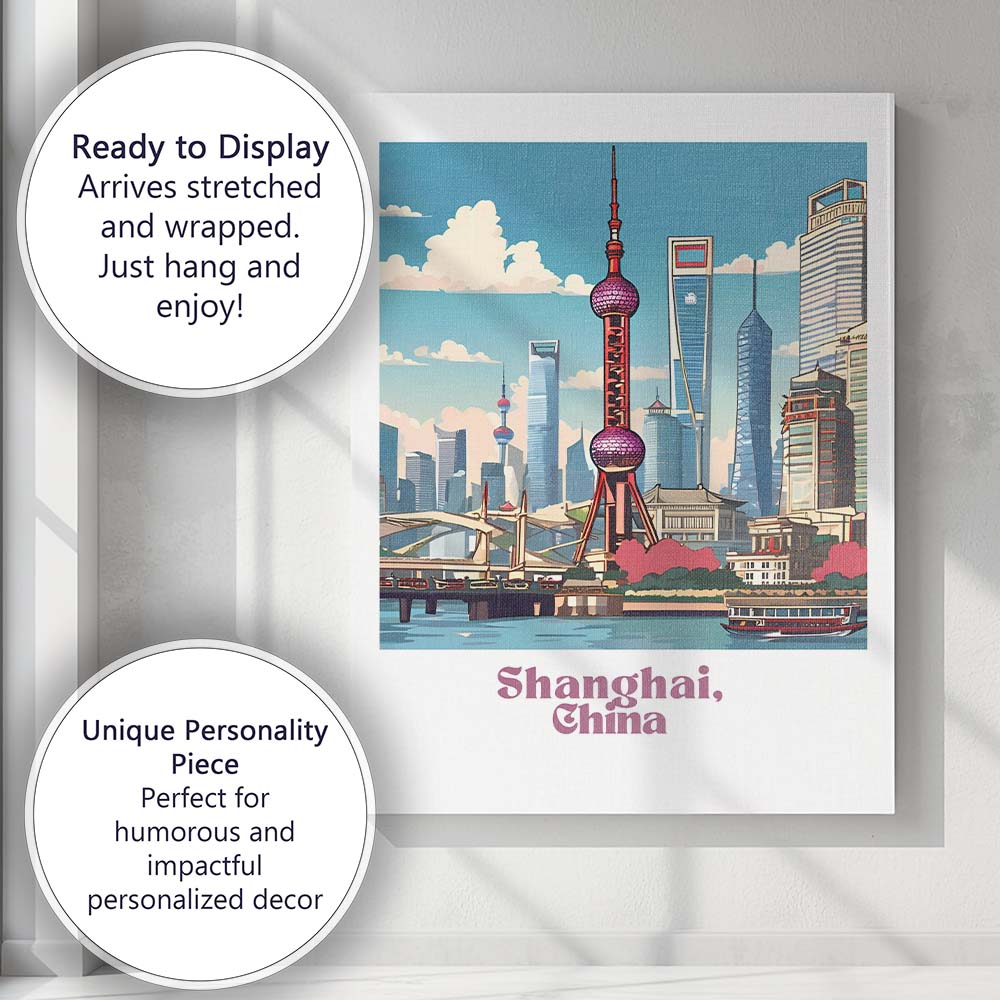 Modern Shanghai China Oriental Pearl Skyline Waterfront Travel Poster Canvas Wall Art Print Decor Picture Ready to Hang