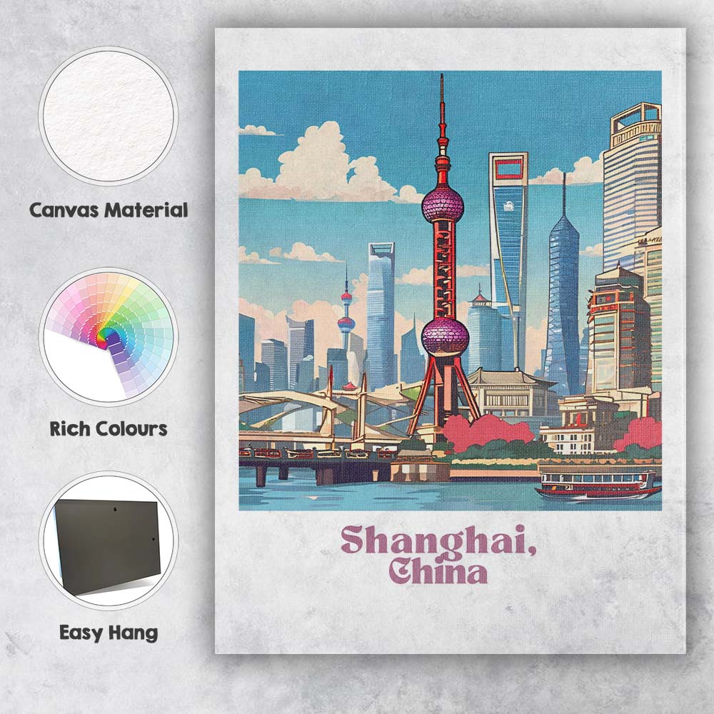 Modern Shanghai China Oriental Pearl Skyline Waterfront Travel Poster Canvas Wall Art Print Decor Picture Ready to Hang