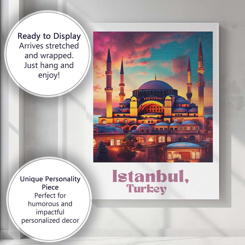 Vibrant Istanbul Turkey Blue Mosque Sunset Skyline Travel Poster Canvas Wall Art Print Decor Picture Ready to Hang