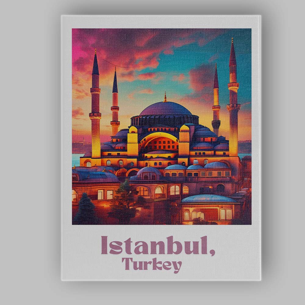 Vibrant Istanbul Turkey Blue Mosque Sunset Skyline Travel Poster Canvas Wall Art Print Decor Picture Ready to Hang