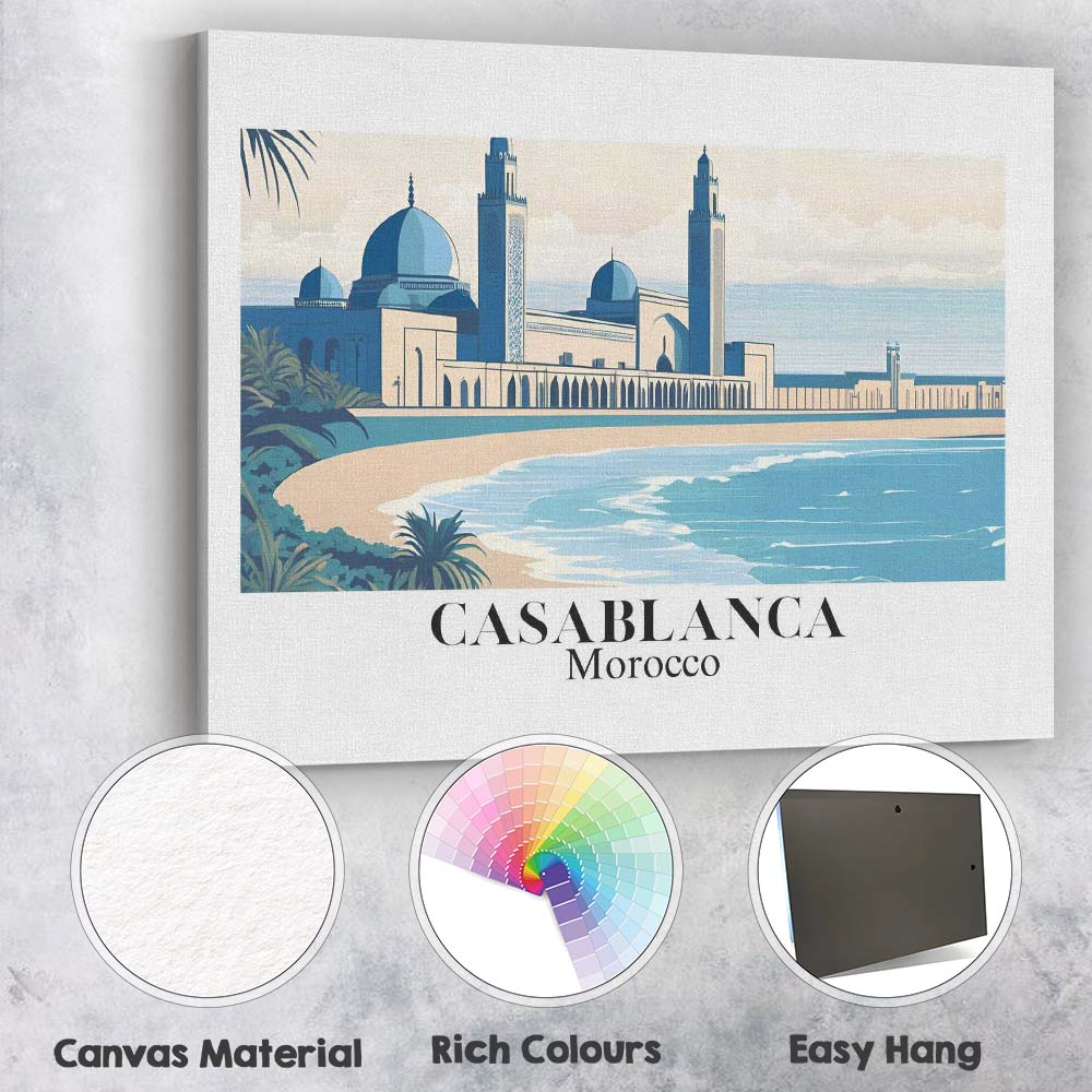 Minimalist Casablanca Morocco Hassan II Mosque Coastal Travel Poster Canvas Wall Art Print Decor Picture Ready to Hang