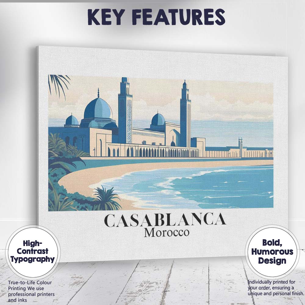 Minimalist Casablanca Morocco Hassan II Mosque Coastal Travel Poster Canvas Wall Art Print Decor Picture Ready to Hang