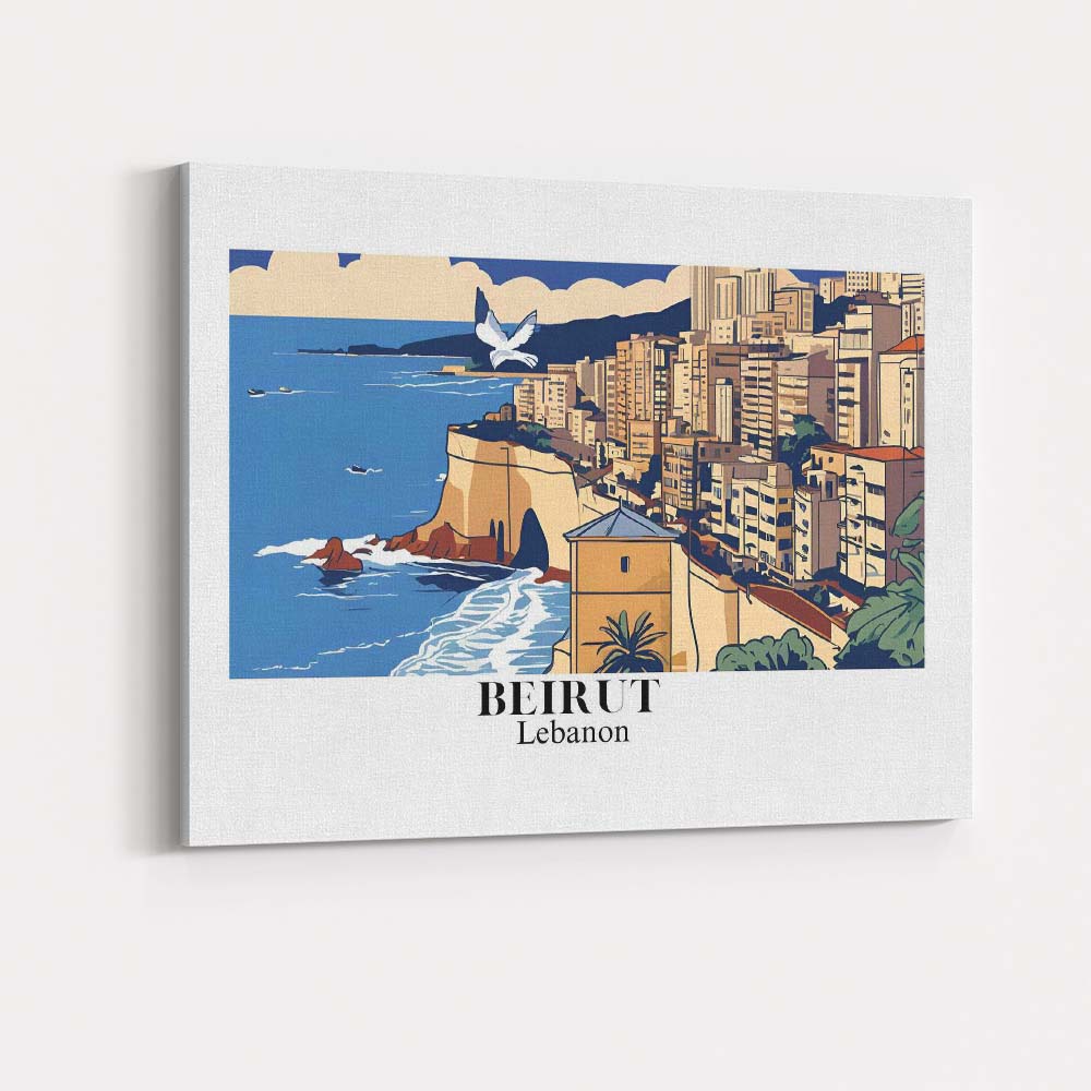 Stylised Beirut Lebanon Mediterranean Coast Cityscape Travel Poster Canvas Wall Art Print Decor Picture Ready to Hang