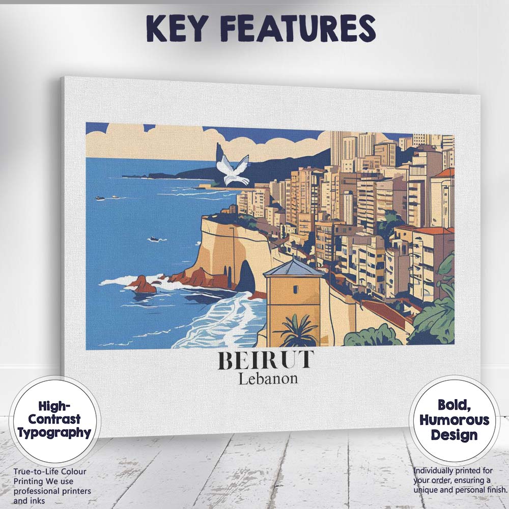 Stylised Beirut Lebanon Mediterranean Coast Cityscape Travel Poster Canvas Wall Art Print Decor Picture Ready to Hang