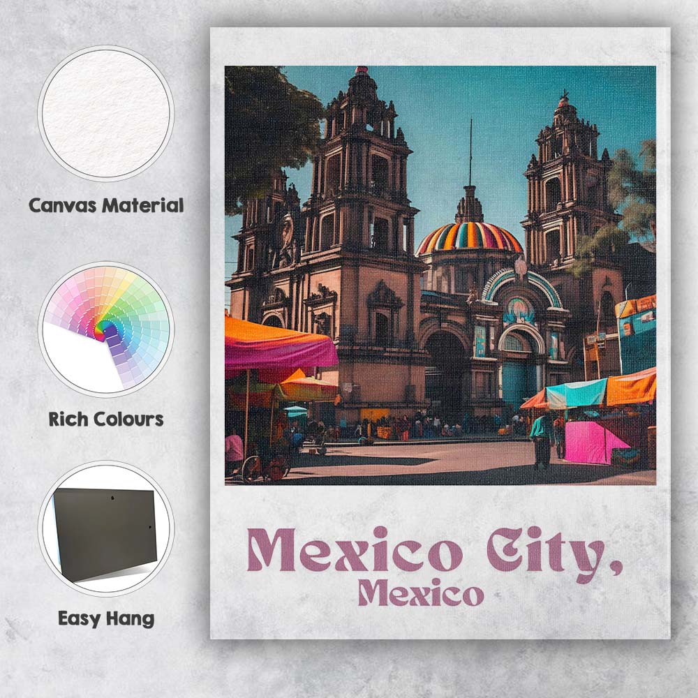 Colourful Mexico City Mexico Cathedral Market Scene Travel Poster Canvas Wall Art Print Decor Picture Ready to Hang