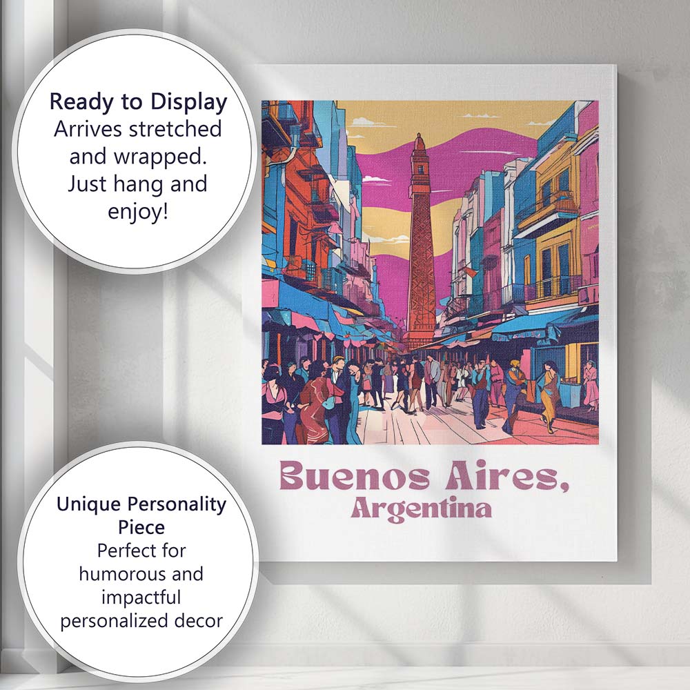 Colourful Buenos Aires Argentina Urban Street Obelisk Travel Poster Canvas Wall Art Print Decor Picture Ready to Hang