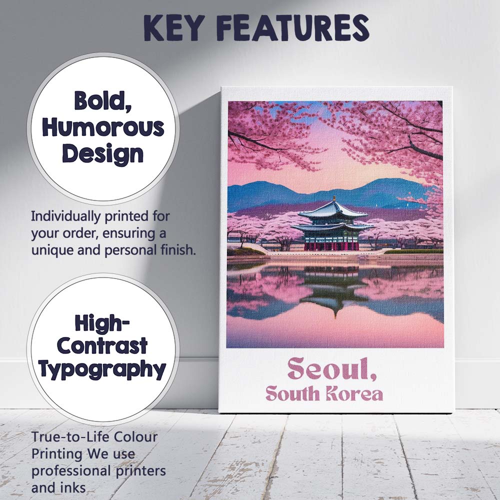 Cherry Blossom Seoul South Korea Historic Palace Reflection Travel Poster Canvas Wall Art Print Decor Picture Ready to Hang