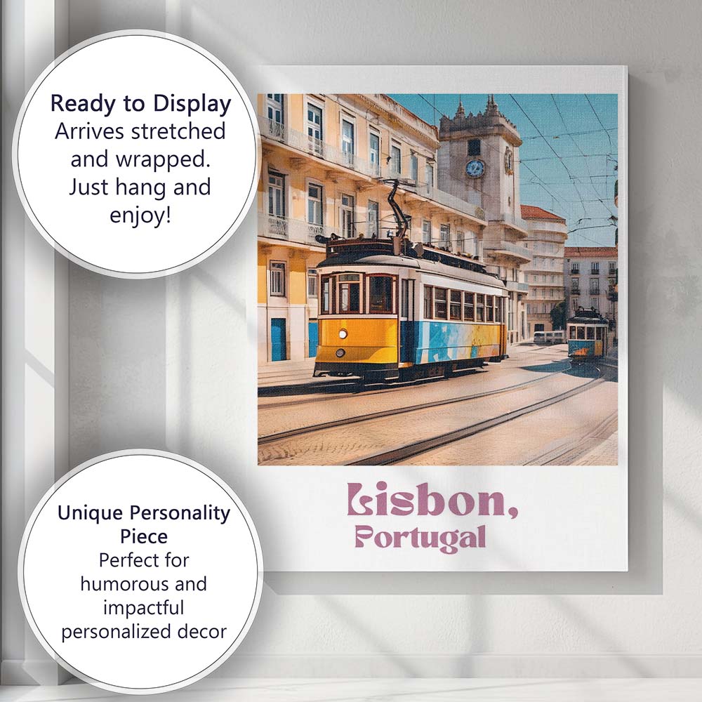 Classic Lisbon Portugal Yellow Tram Historic Street Travel Poster Canvas Wall Art Print Decor Picture Ready to Hang