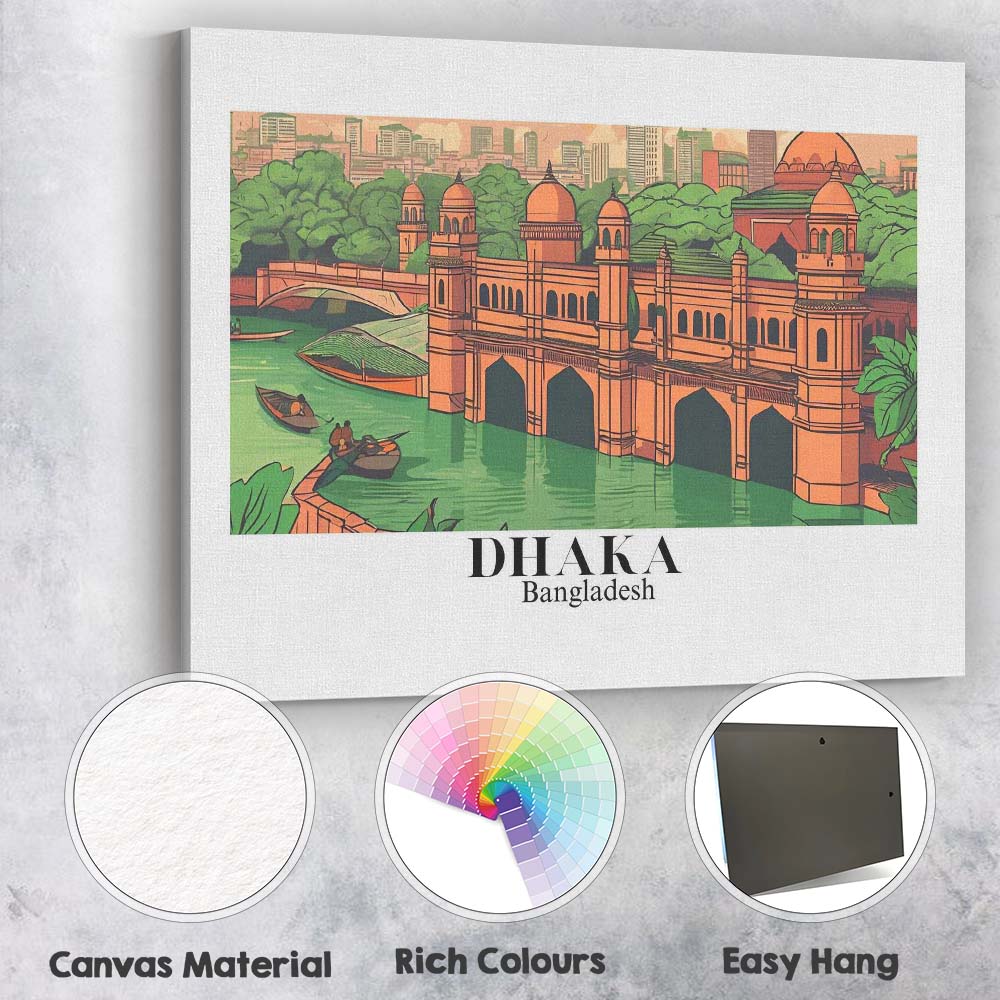 Illustrated Dhaka Bangladesh Historic Riverside Architecture Travel Poster Canvas Wall Art Print Decor Picture Ready to Hang