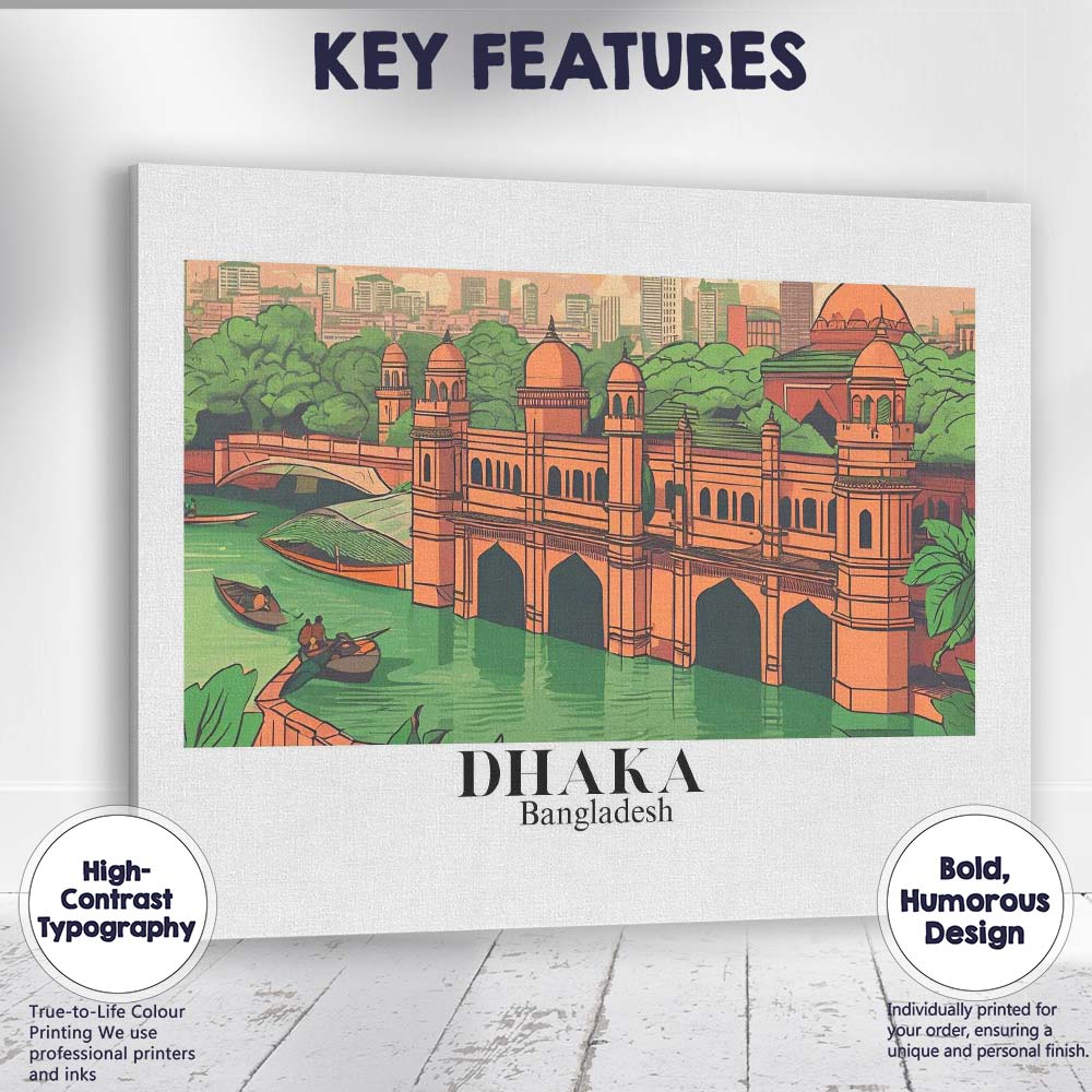 Illustrated Dhaka Bangladesh Historic Riverside Architecture Travel Poster Canvas Wall Art Print Decor Picture Ready to Hang