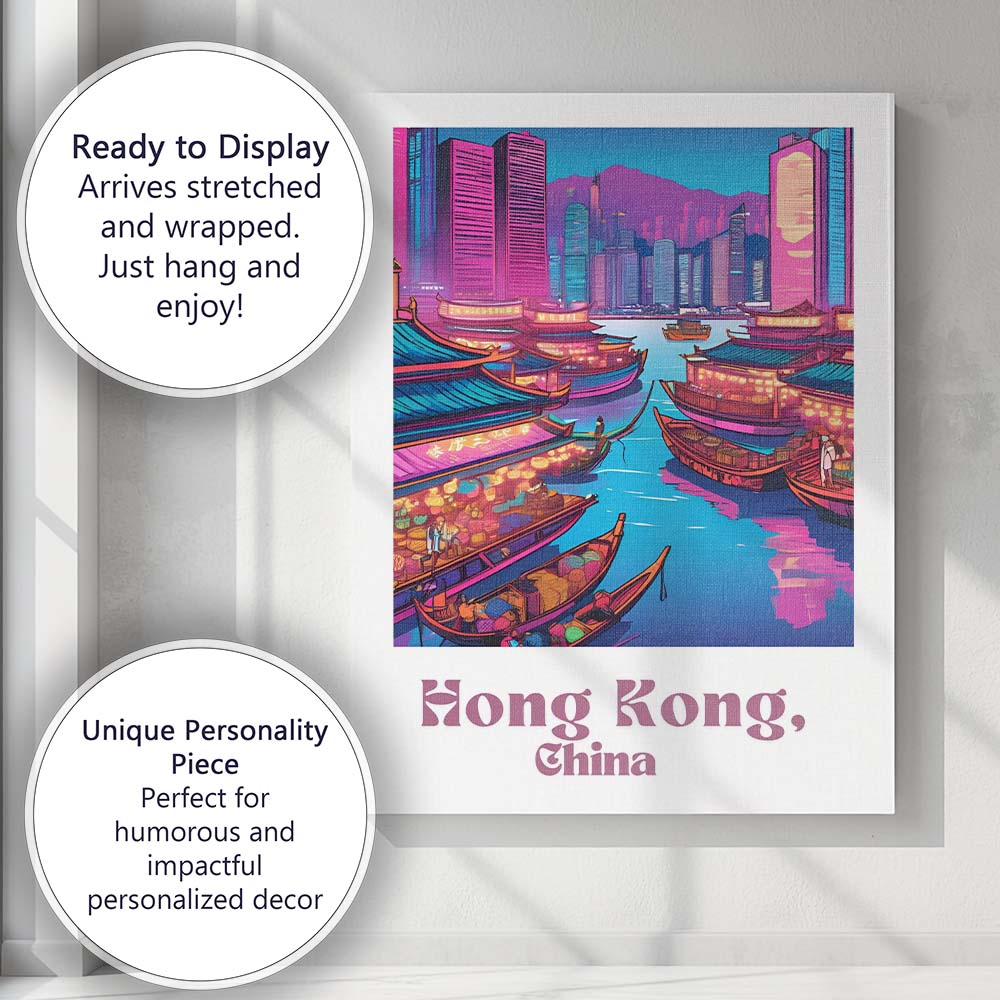 Colourful Hong Kong Harbour Floating Market Retro Travel Poster Canvas Wall Art Print Decor Picture Ready to Hang
