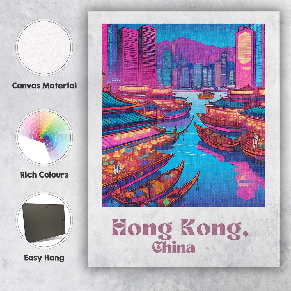 Colourful Hong Kong Harbour Floating Market Retro Travel Poster Canvas Wall Art Print Decor Picture Ready to Hang