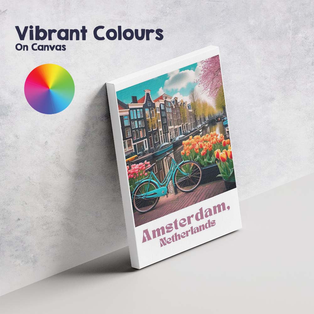 Amsterdam Canal Tulips Bicycle Spring Cityscape Travel Poster Canvas Wall Art Print Decor Picture Ready to Hang