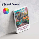 Amsterdam Canal Tulips Bicycle Spring Cityscape Travel Poster Canvas Wall Art Print Decor Picture Ready to Hang