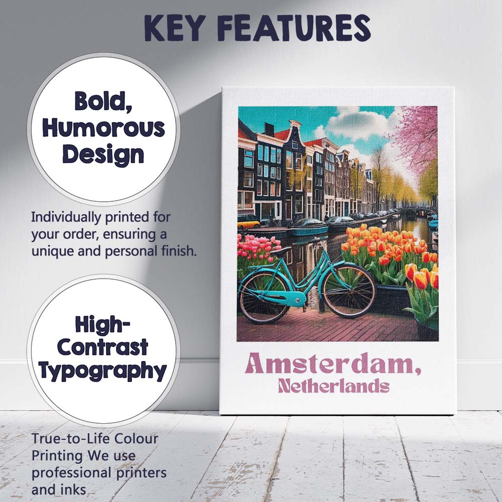 Amsterdam Canal Tulips Bicycle Spring Cityscape Travel Poster Canvas Wall Art Print Decor Picture Ready to Hang