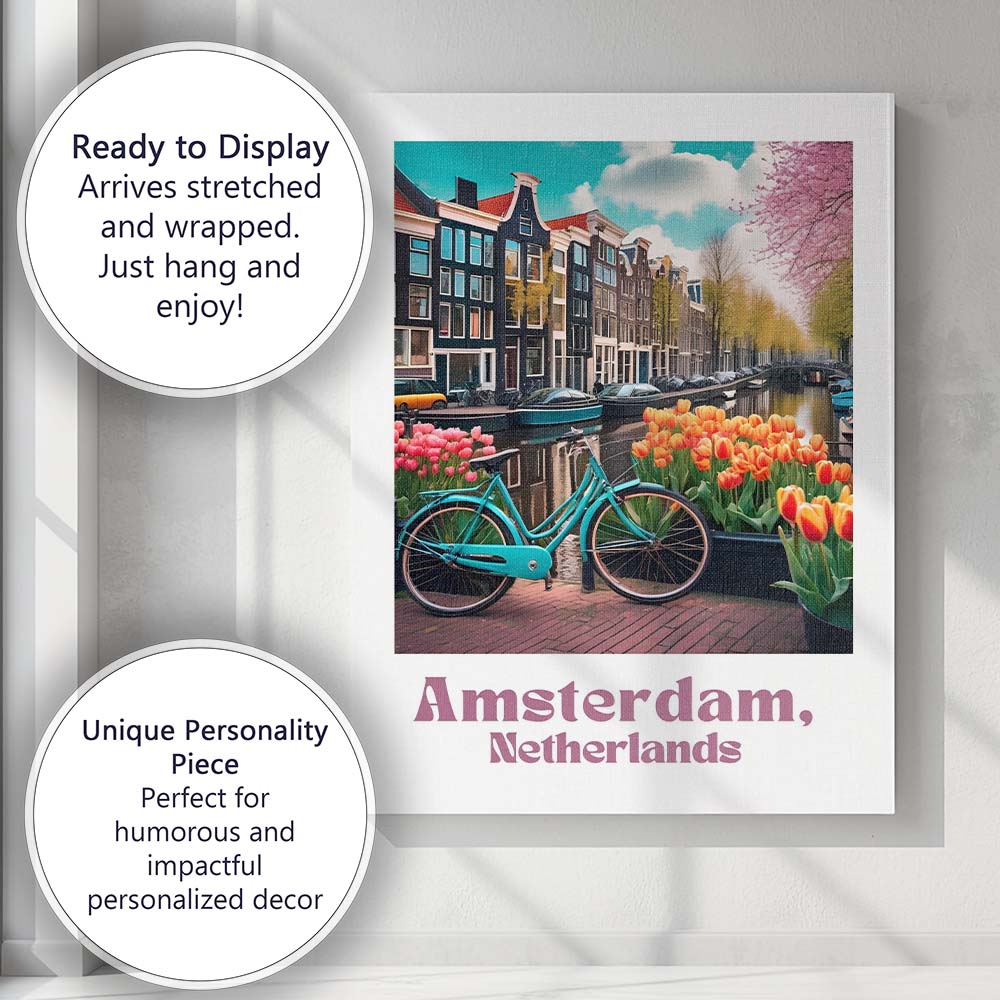 Amsterdam Canal Tulips Bicycle Spring Cityscape Travel Poster Canvas Wall Art Print Decor Picture Ready to Hang